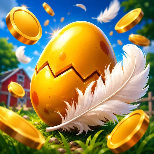App-Icon von Crazy Hen: ein goldenes Ei mit Feder vor einer roten Scheune